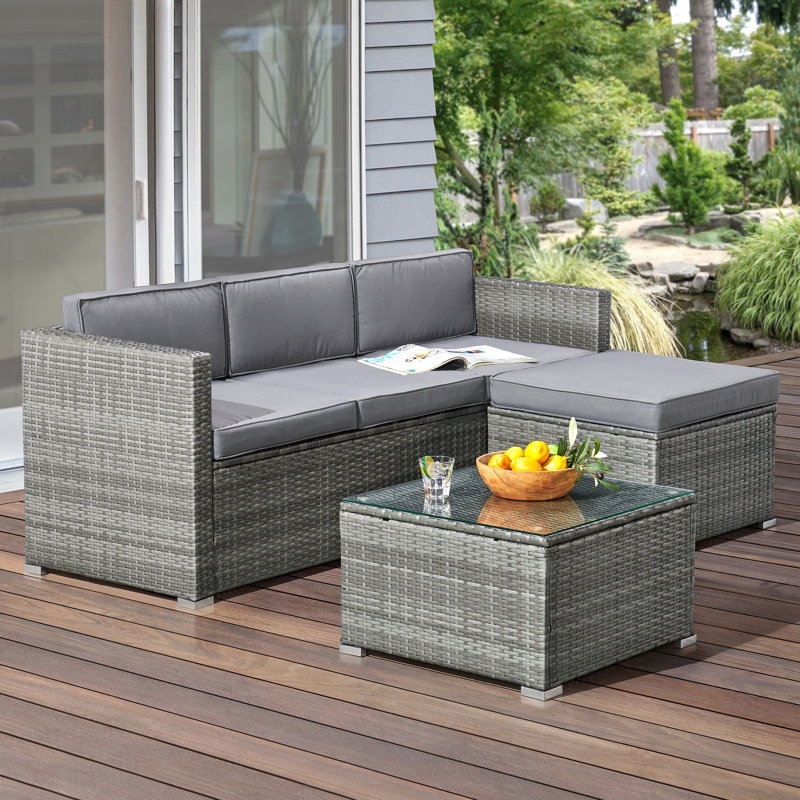 Alizay Patio Furniture Set 3 Piece Rattan Outdoor Sectional Ottoman and Table Combo Deck Pool Sunroom or Backyard Furniture by Lavish Home